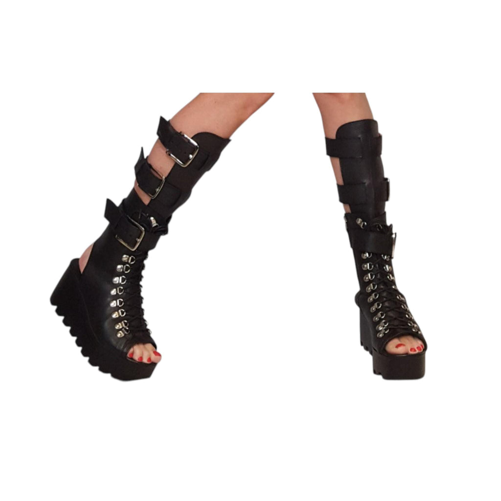 Gladiator Platform Sandals, Black Leather Summer Boots, Handmade Gothic Shoes, Open Toe High Sandals, Statement Footwear