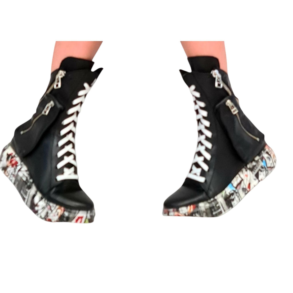 Unisex Black Leather Boots with Comic Sole, High Top Lace-Up Boots with Pocket Zipper, Handmade Shoes for Men and Women