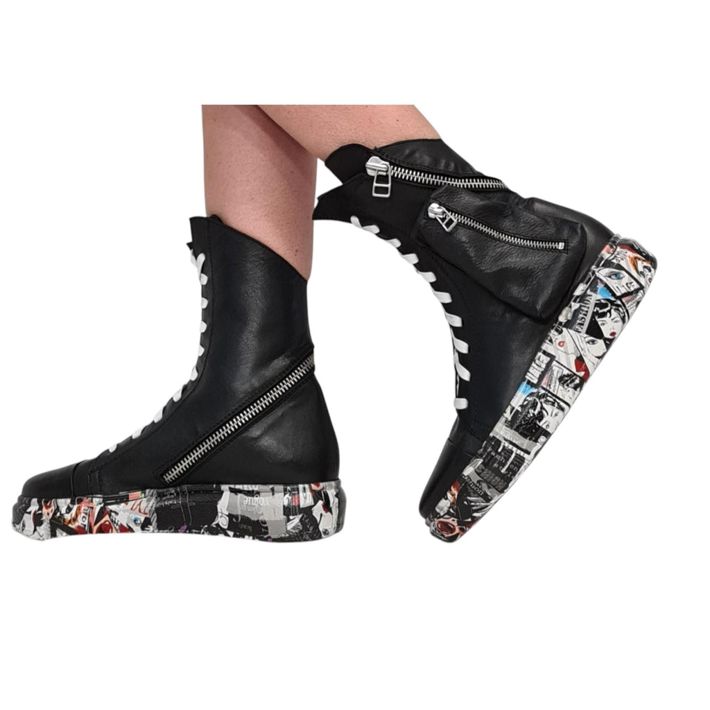 Unisex Black Leather Boots with Comic Sole, High Top Lace-Up Boots with Pocket Zipper, Handmade Shoes for Men and Women