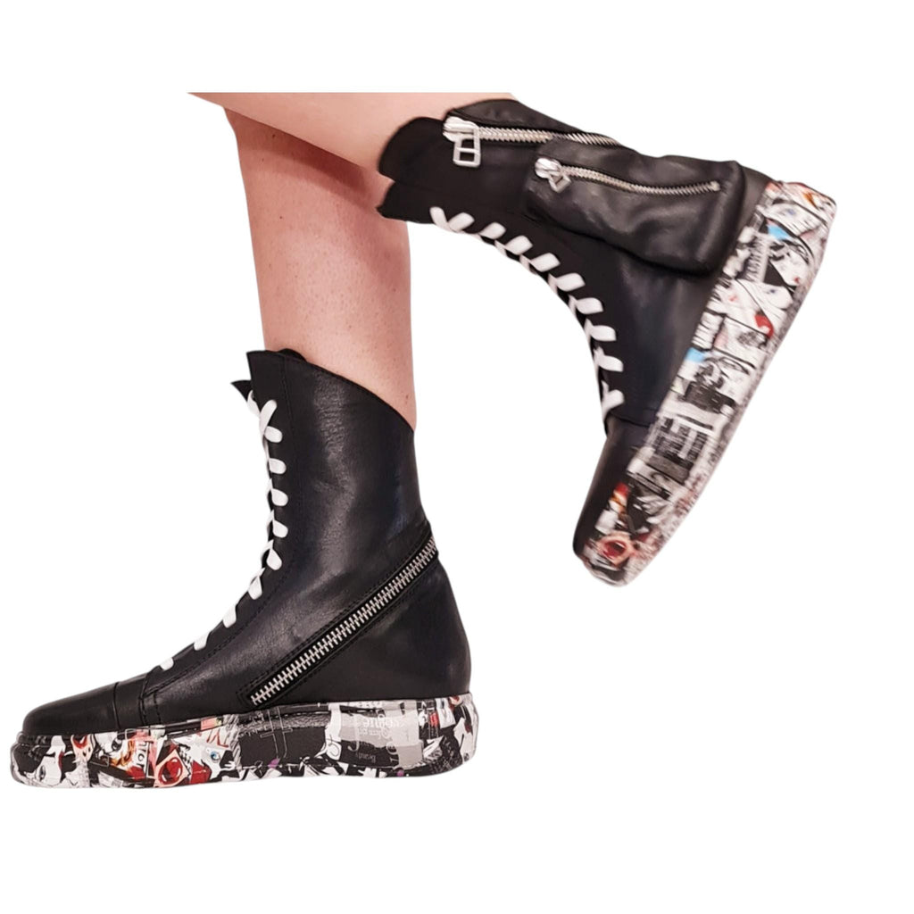 Unisex Black Leather Boots with Comic Sole, High Top Lace-Up Boots with Pocket Zipper, Handmade Shoes for Men and Women