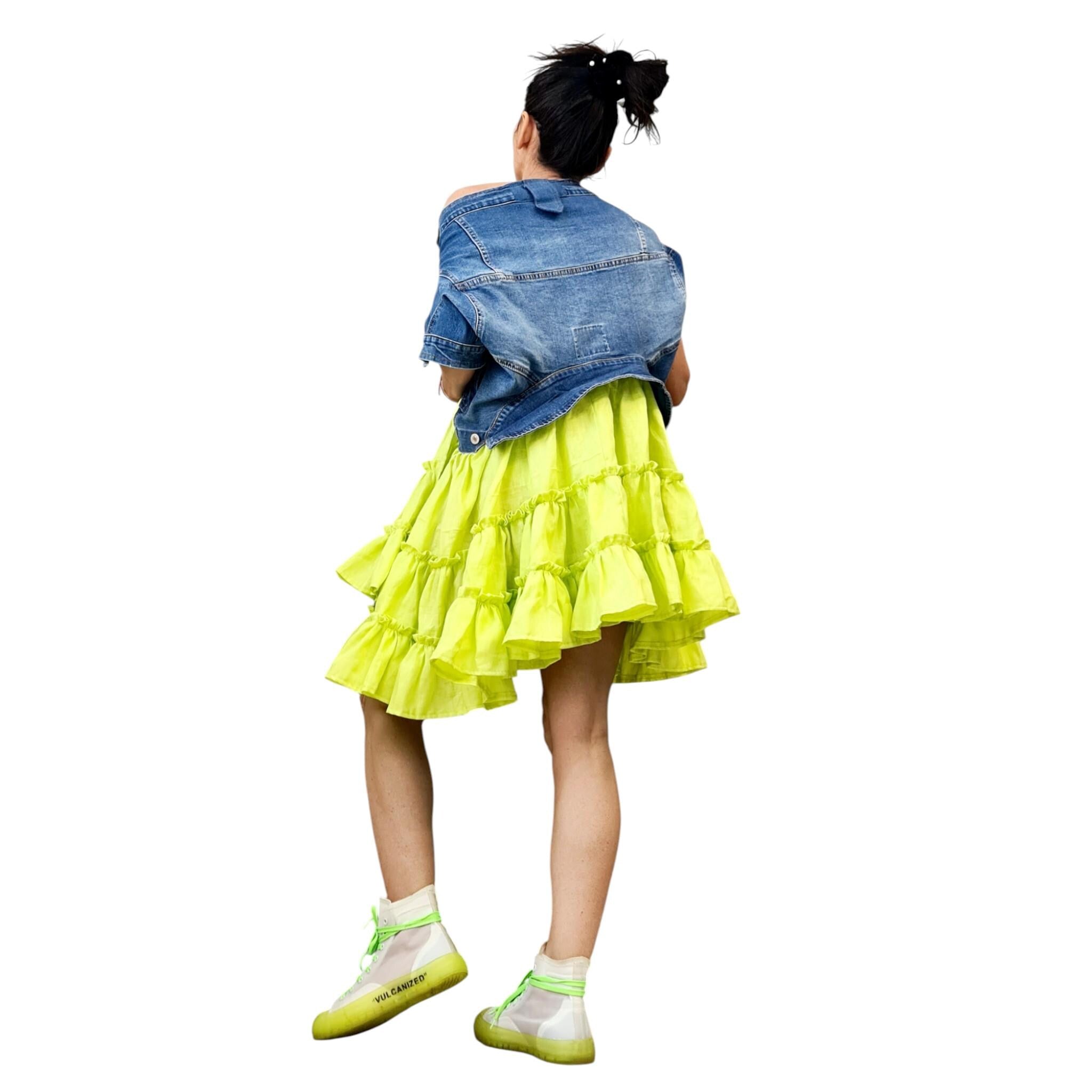 Linen and Denim Ruffle Dress – Neon Yellow Layered Mini Dress – Summer Off-Shoulder Statement Look – Avant-garde Handmade Clothing