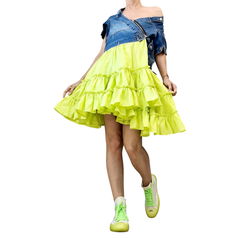 Linen and Denim Ruffle Dress – Neon Yellow Layered Mini Dress – Summer Off-Shoulder Statement Look – Avant-garde Handmade Clothing
