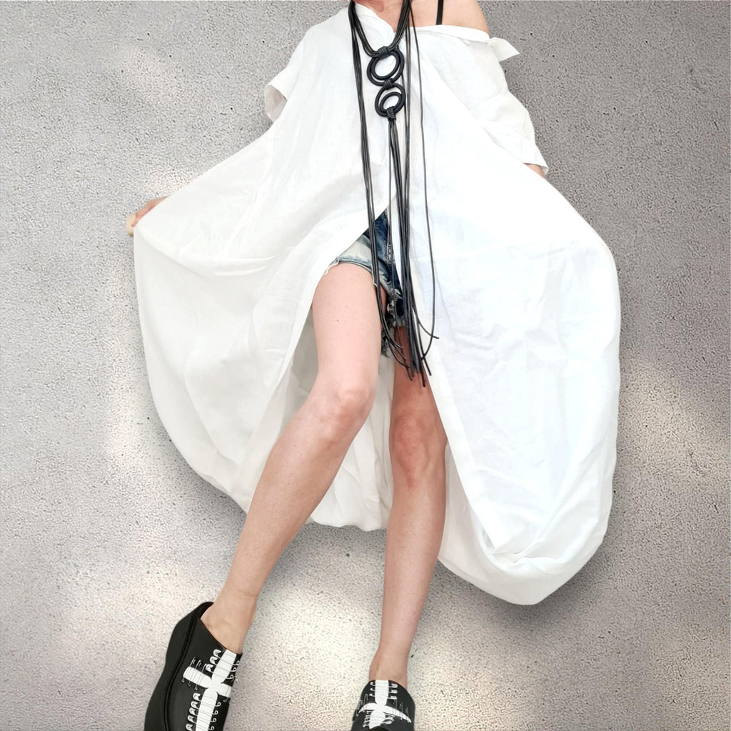 White Linen Asymmetrical Tunic Dress – Button Front Summer Kaftan, Avant-Garde Minimalist Style