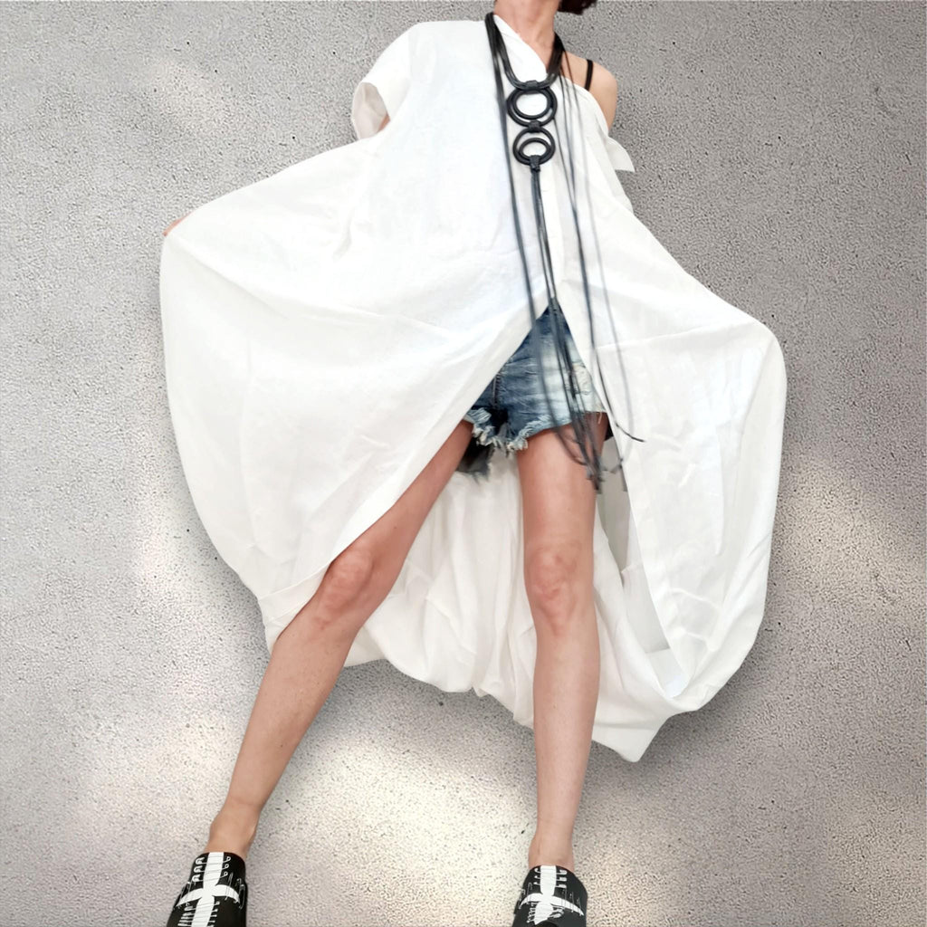 White Linen Asymmetrical Tunic Dress – Button Front Summer Kaftan, Avant-Garde Minimalist Style