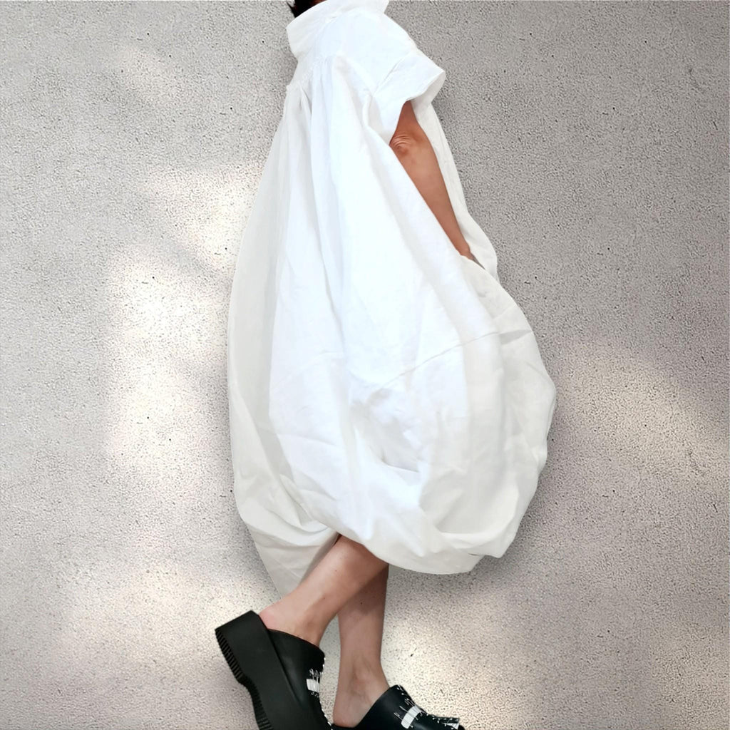 White Linen Asymmetrical Tunic Dress – Button Front Summer Kaftan, Avant-Garde Minimalist Style