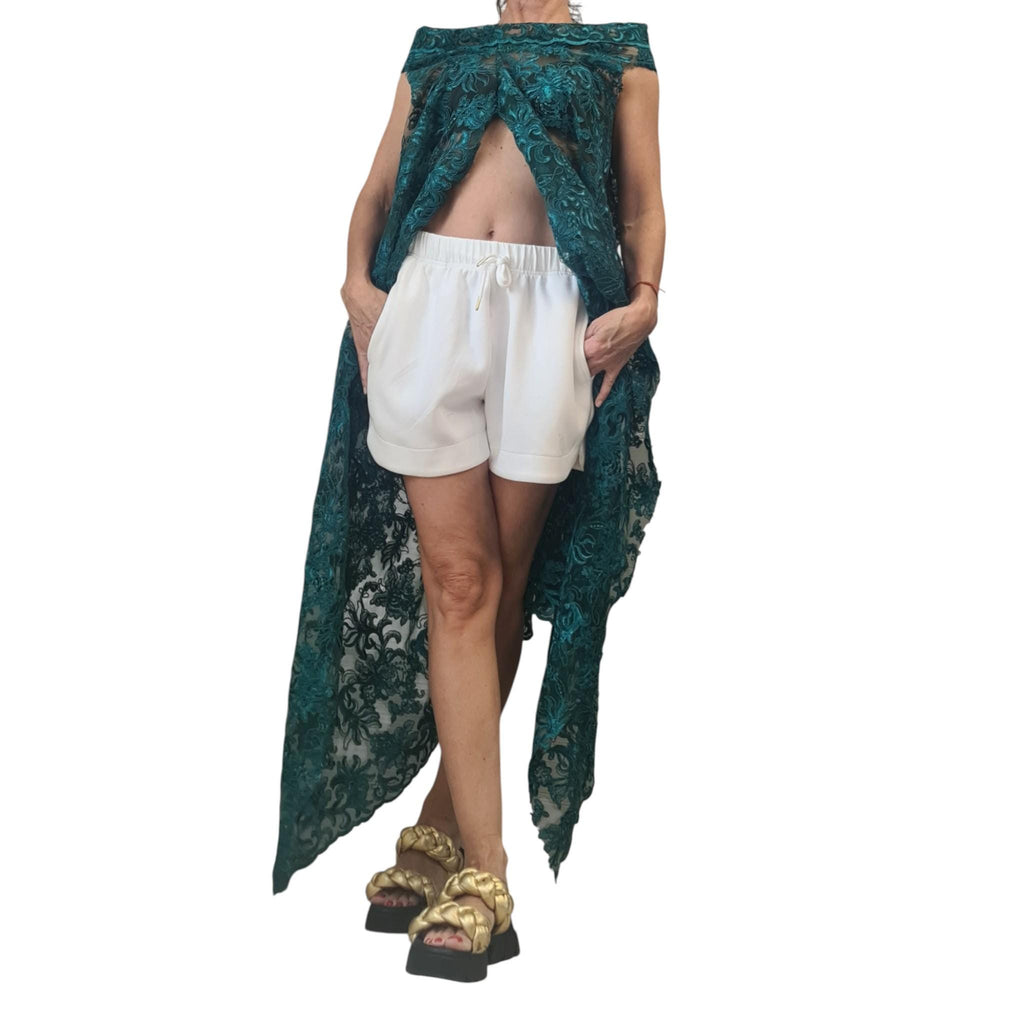Emerald Green Lace Tunic – Asymmetrical Sheer Top, High Low Cape Blouse, Avant-Garde Party Wear