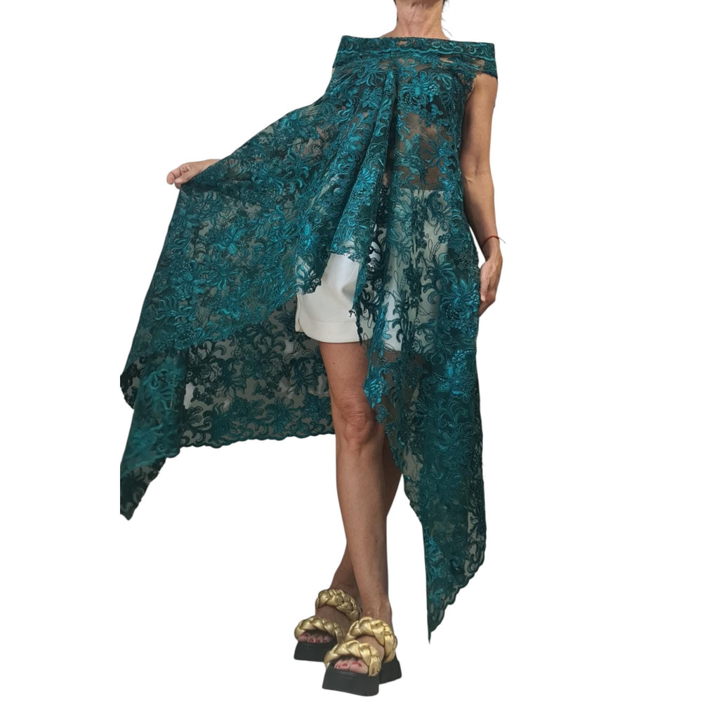 Emerald Green Lace Tunic – Asymmetrical Sheer Top, High Low Cape Blouse, Avant-Garde Party Wear