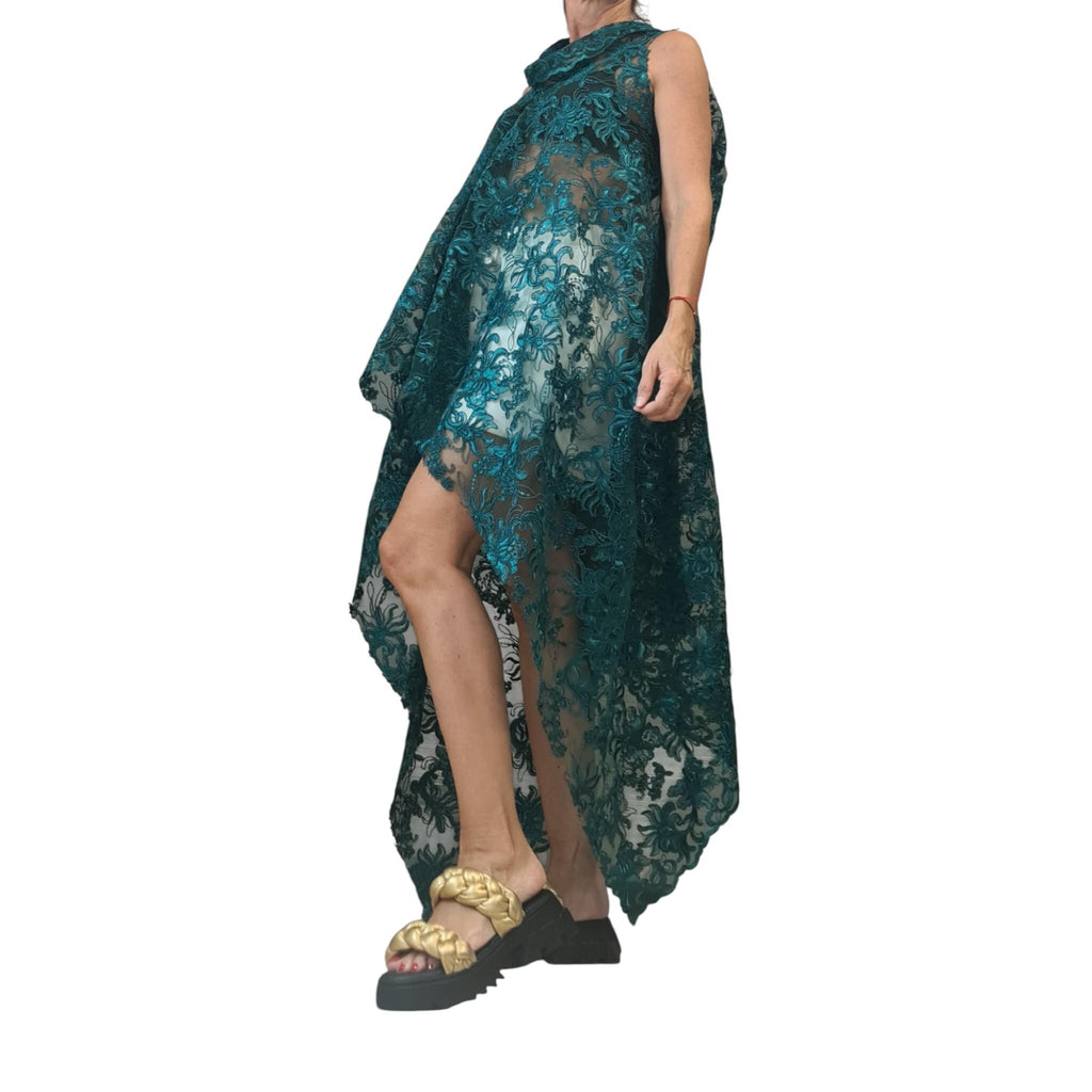 Emerald Green Lace Tunic – Asymmetrical Sheer Top, High Low Cape Blouse, Avant-Garde Party Wear