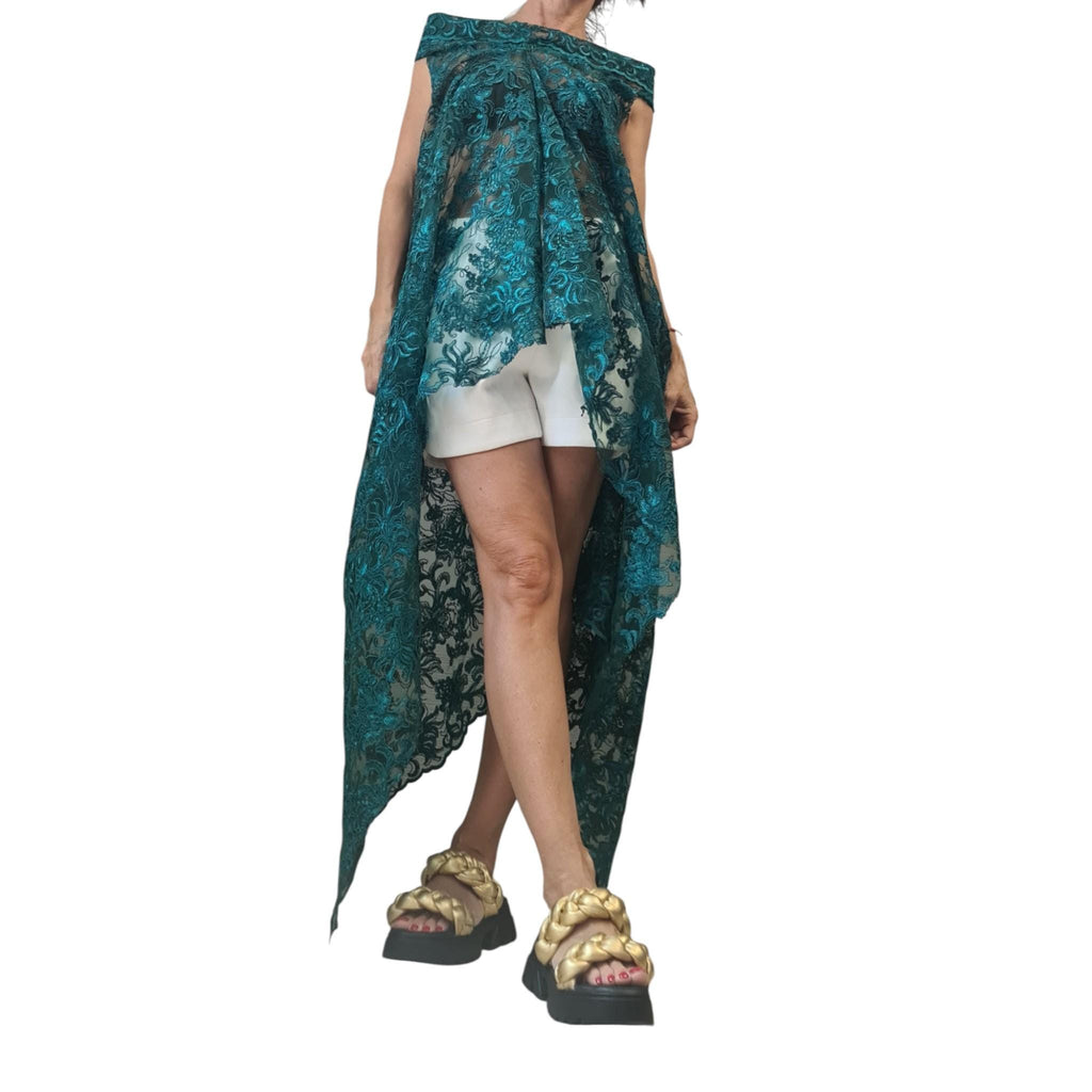 Emerald Green Lace Tunic – Asymmetrical Sheer Top, High Low Cape Blouse, Avant-Garde Party Wear