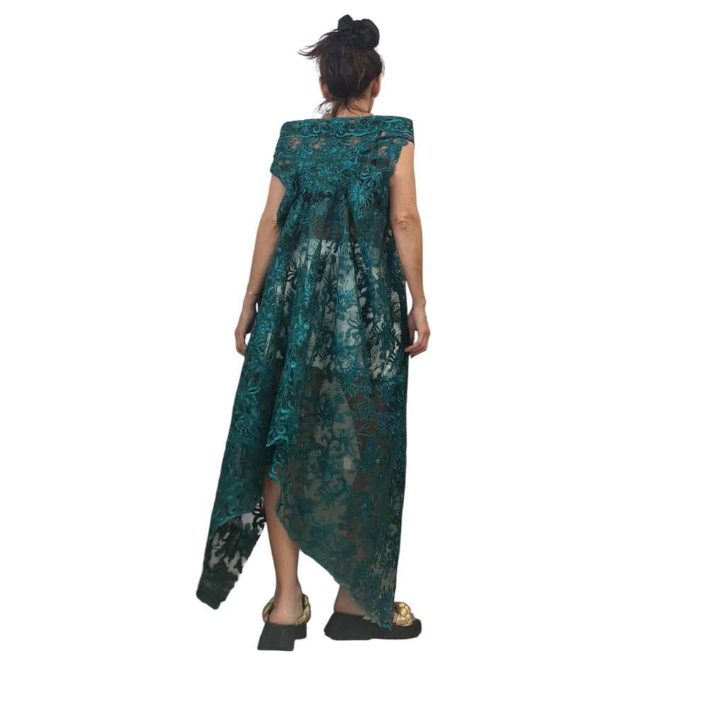 Emerald Green Lace Tunic – Asymmetrical Sheer Top, High Low Cape Blouse, Avant-Garde Party Wear
