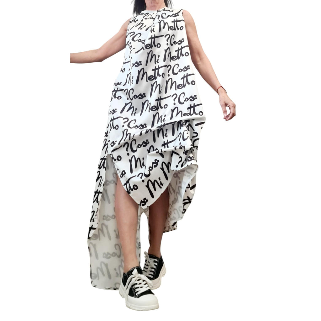 White Satin Asymmetrical Dress with Belt – Avant-Garde Sleeveless Party Dress with Black Script Print – Cocktail Romantic Fashion Statement
