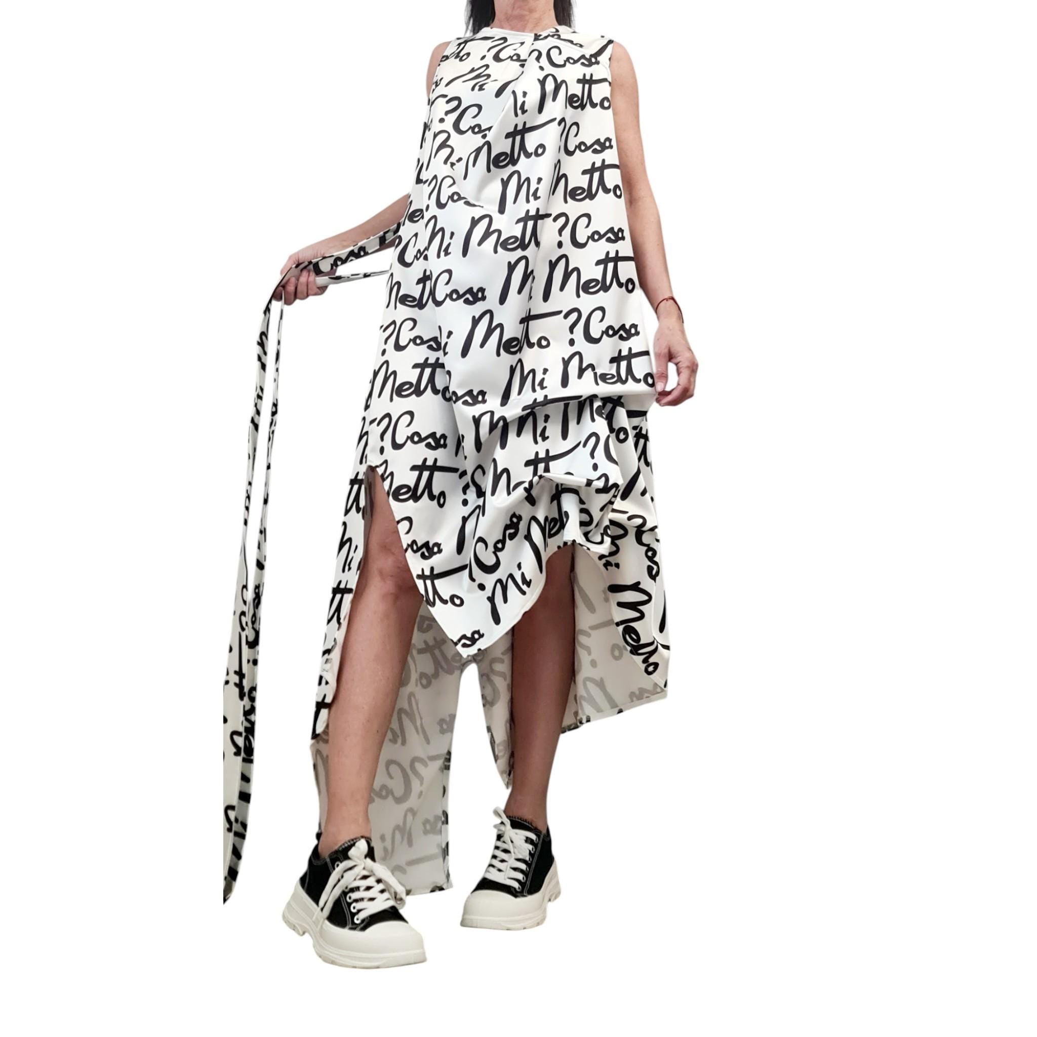 White Satin Asymmetrical Dress with Belt – Avant-Garde Sleeveless Party Dress with Black Script Print – Cocktail Romantic Fashion Statement