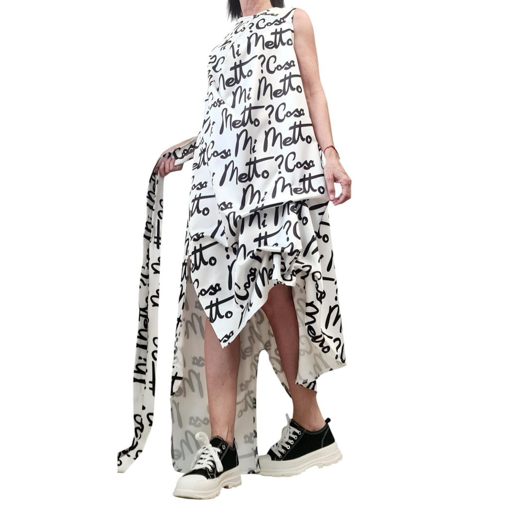 White Satin Asymmetrical Dress with Belt – Avant-Garde Sleeveless Party Dress with Black Script Print – Cocktail Romantic Fashion Statement