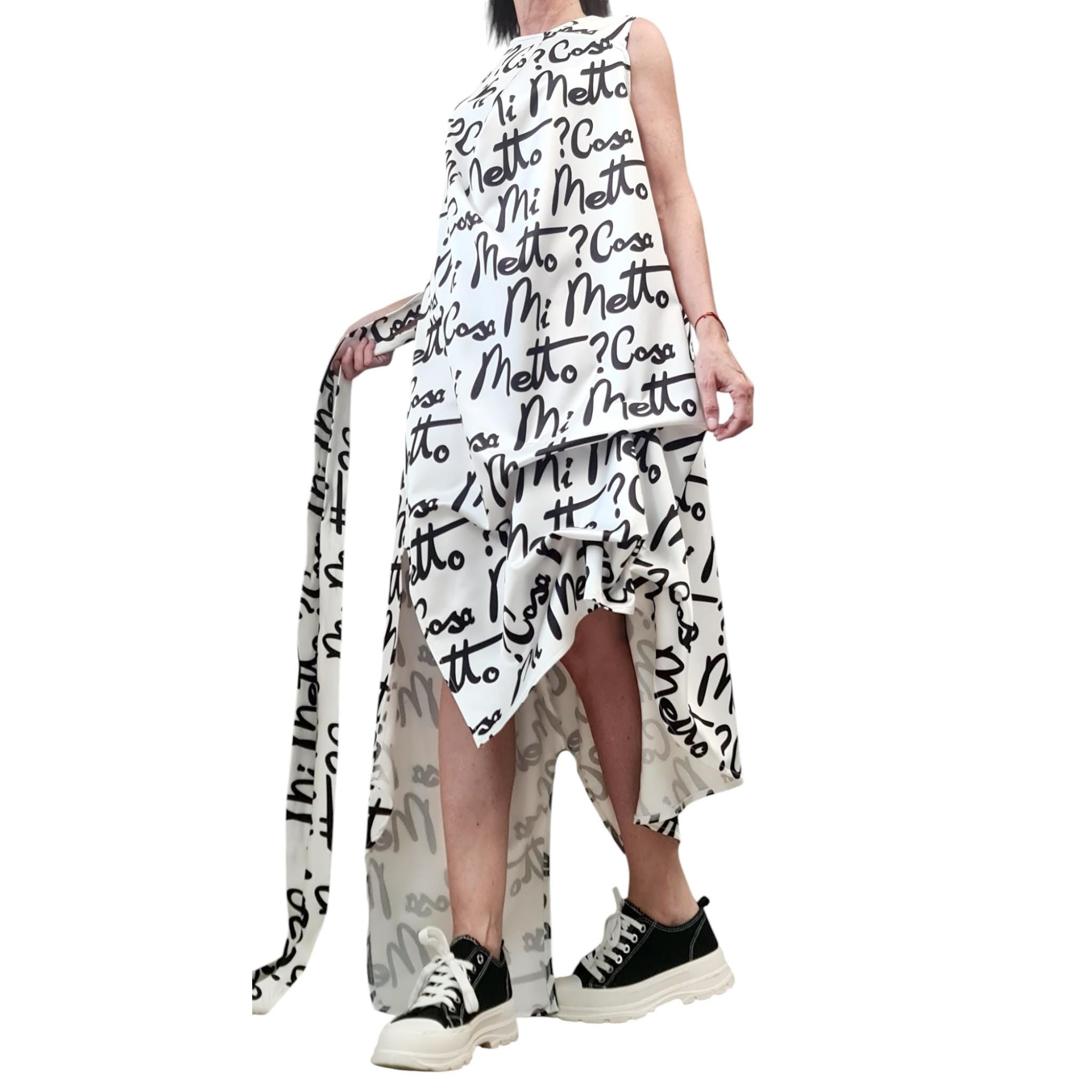 White Satin Asymmetrical Dress with Belt – Avant-Garde Sleeveless Party Dress with Black Script Print – Cocktail Romantic Fashion Statement