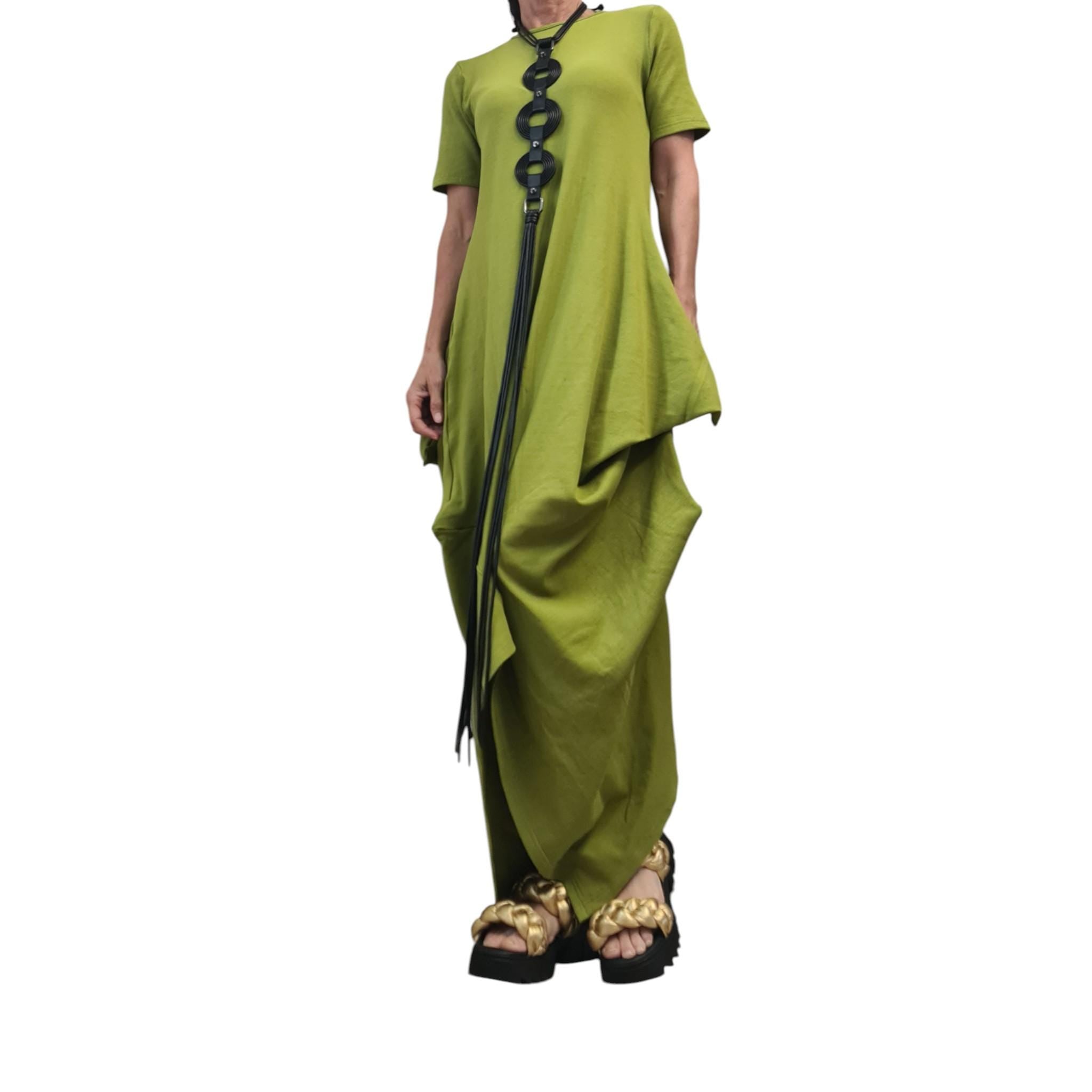 Pistachio Green Cotton Maxi Dress, Asymmetrical Drape Tunic, Minimalist Summer Kaftan, Avant-Garde Boho Dress, Short Sleeve Oversized Dress