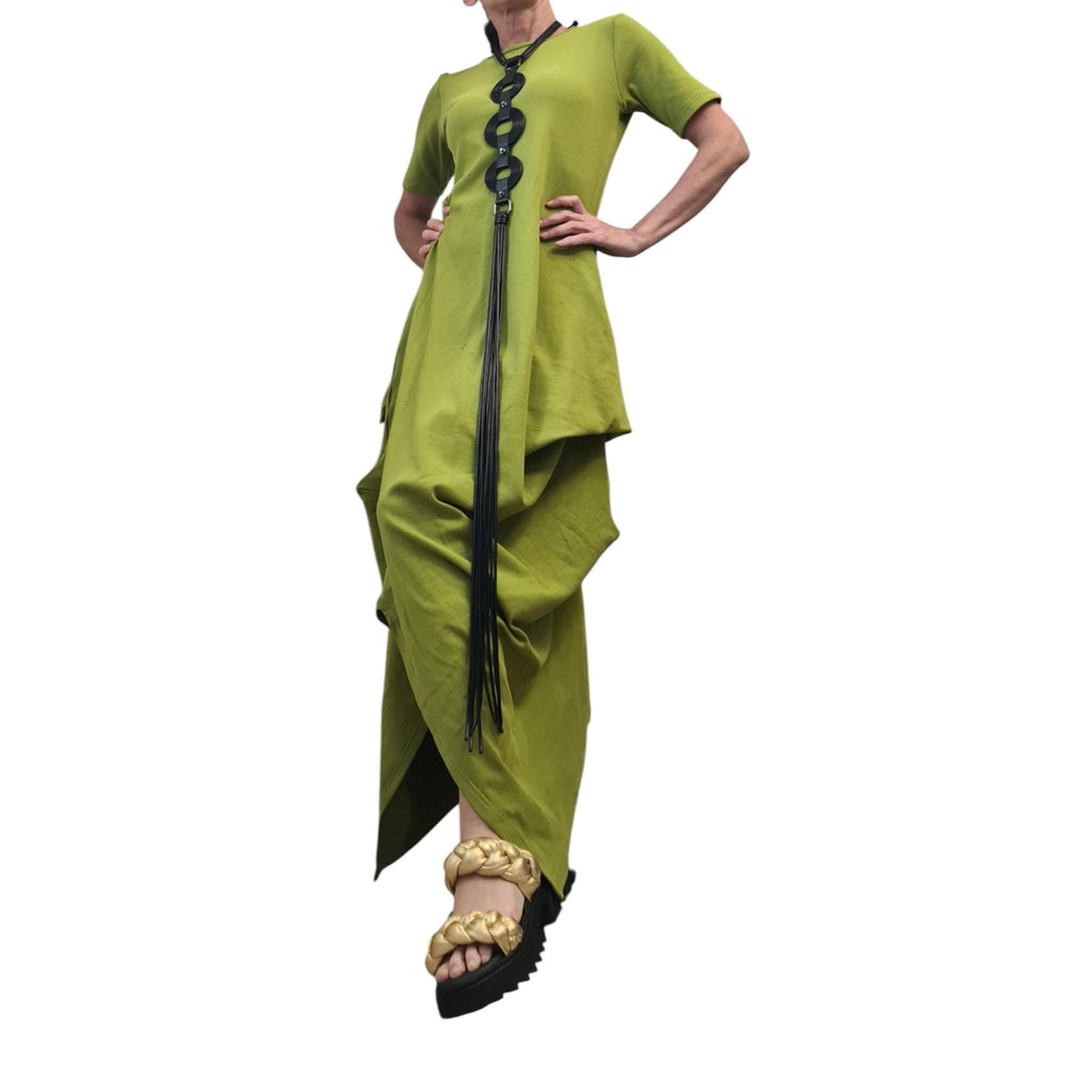 Pistachio Green Cotton Maxi Dress, Asymmetrical Drape Tunic, Minimalist Summer Kaftan, Avant-Garde Boho Dress, Short Sleeve Oversized Dress