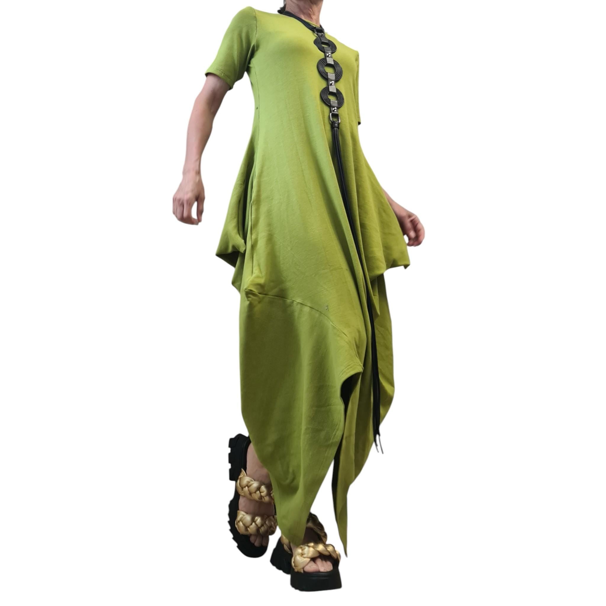Pistachio Green Cotton Maxi Dress, Asymmetrical Drape Tunic, Minimalist Summer Kaftan, Avant-Garde Boho Dress, Short Sleeve Oversized Dress
