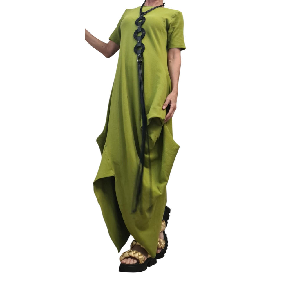Pistachio Green Cotton Maxi Dress, Asymmetrical Drape Tunic, Minimalist Summer Kaftan, Avant-Garde Boho Dress, Short Sleeve Oversized Dress