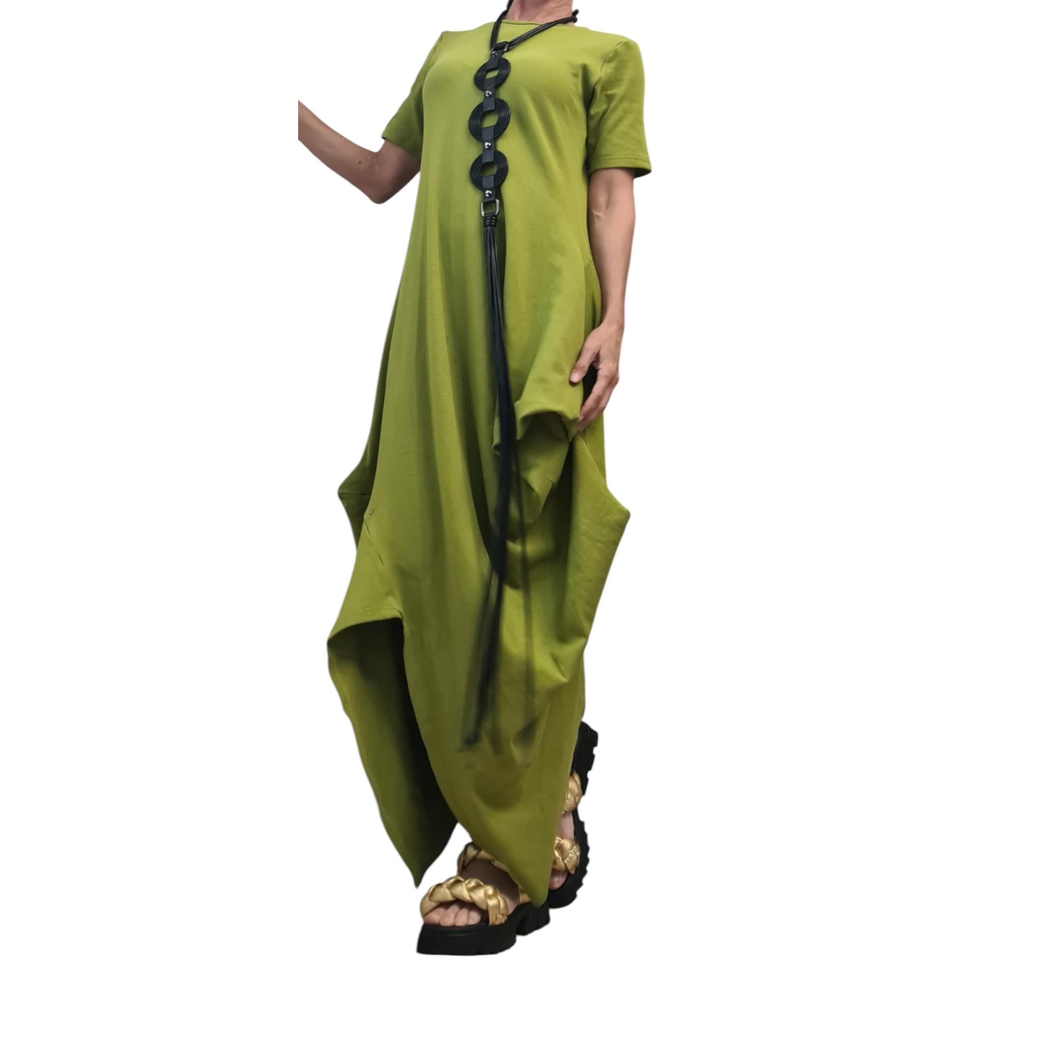 Pistachio Green Cotton Maxi Dress, Asymmetrical Drape Tunic, Minimalist Summer Kaftan, Avant-Garde Boho Dress, Short Sleeve Oversized Dress