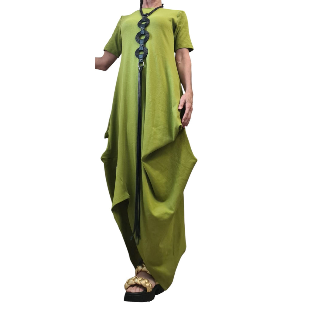 Pistachio Green Cotton Maxi Dress, Asymmetrical Drape Tunic, Minimalist Summer Kaftan, Avant-Garde Boho Dress, Short Sleeve Oversized Dress