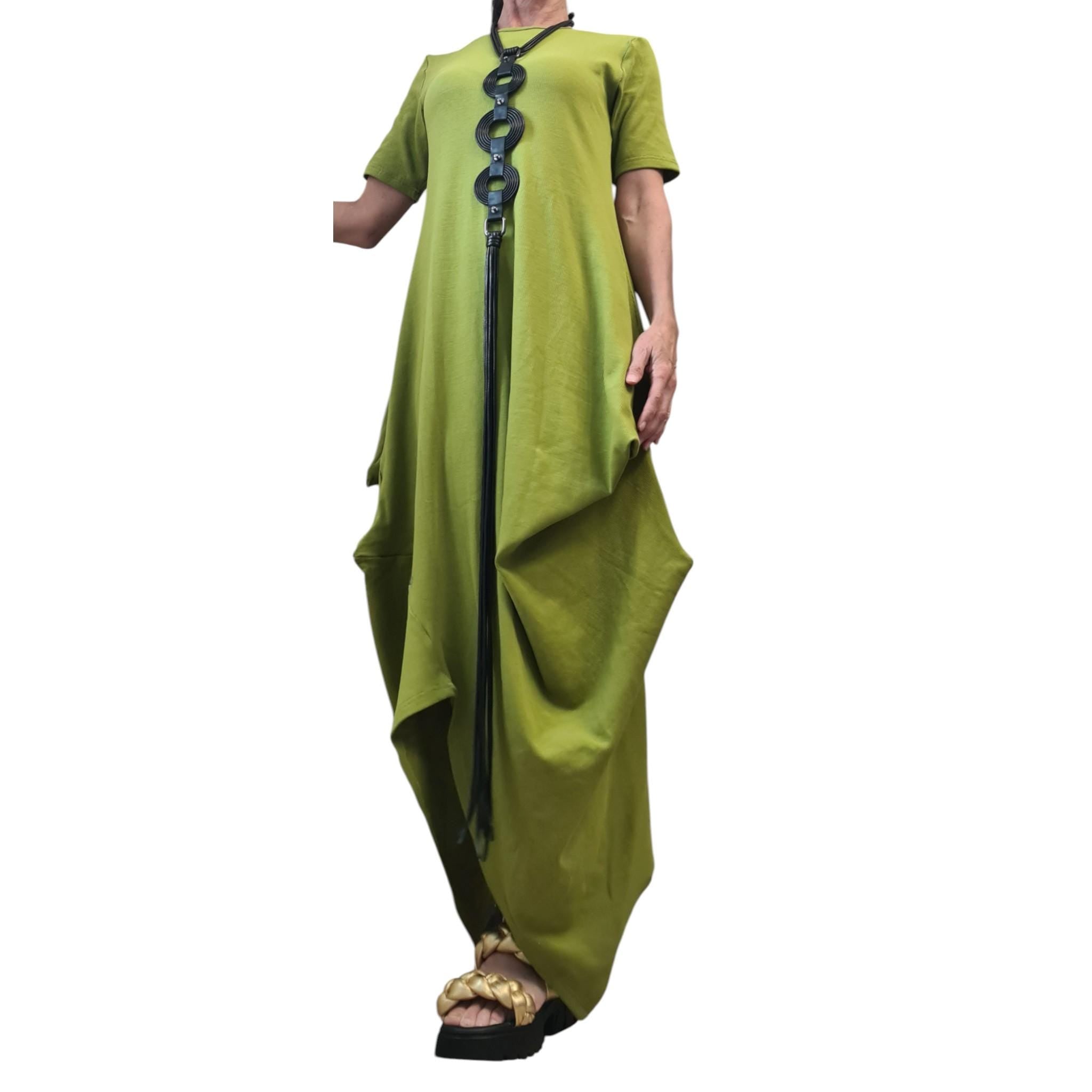 Pistachio Green Cotton Maxi Dress, Asymmetrical Drape Tunic, Minimalist Summer Kaftan, Avant-Garde Boho Dress, Short Sleeve Oversized Dress