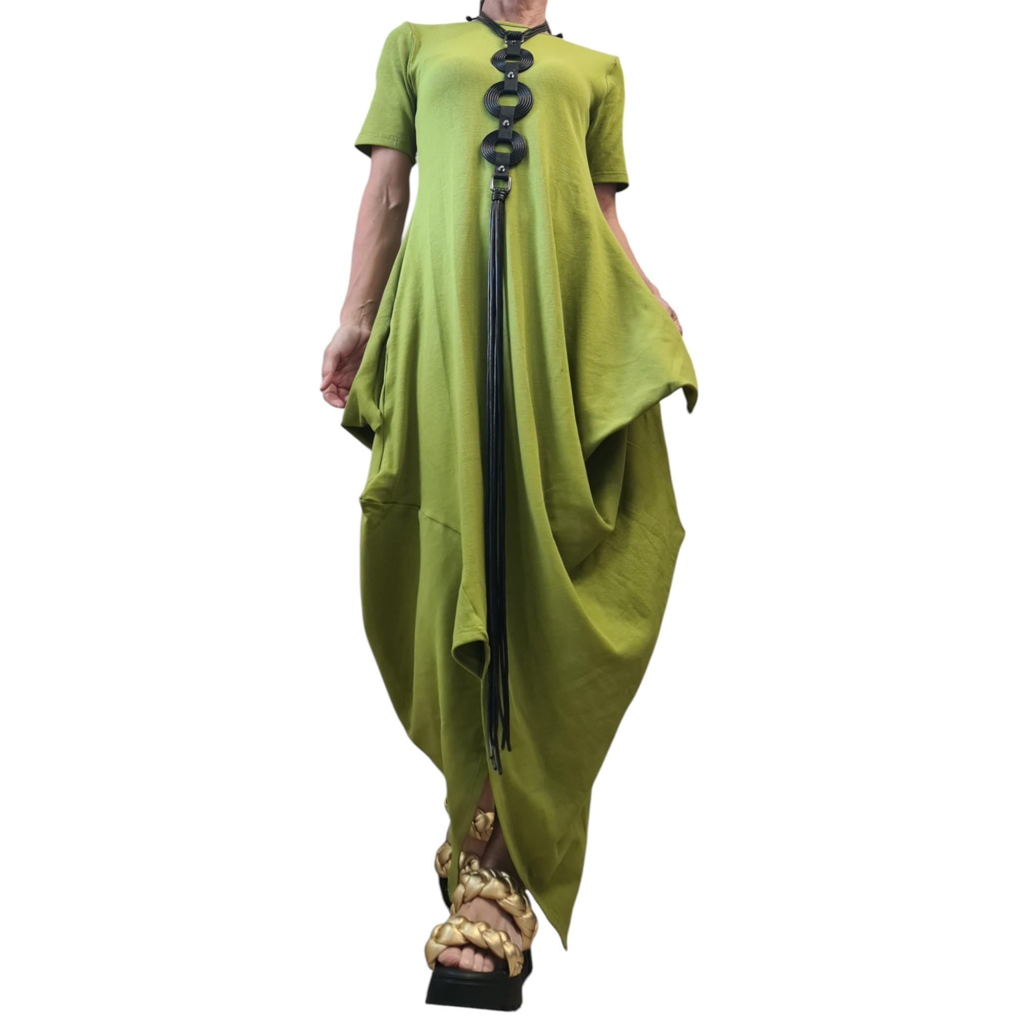 Pistachio Green Cotton Maxi Dress, Asymmetrical Drape Tunic, Minimalist Summer Kaftan, Avant-Garde Boho Dress, Short Sleeve Oversized Dress