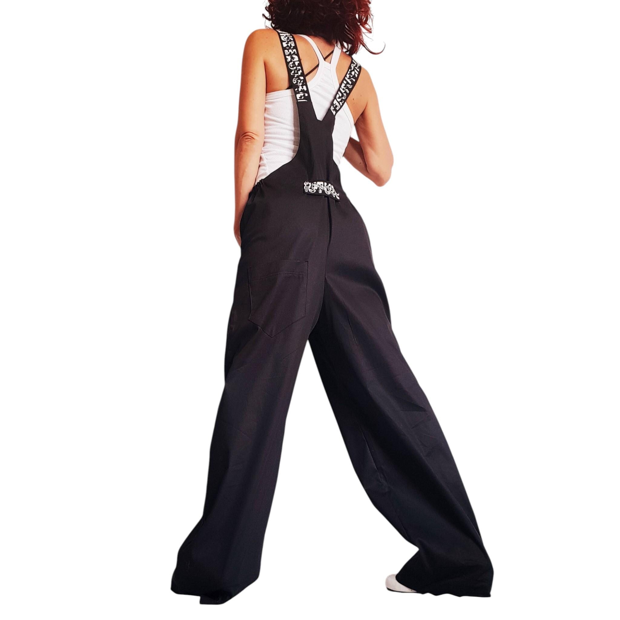 Black Wide Leg Overalls, Unisex Cotton Jumpsuit, Avant Garde Loose Fit Pants, Streetwear Dungarees, Handmade