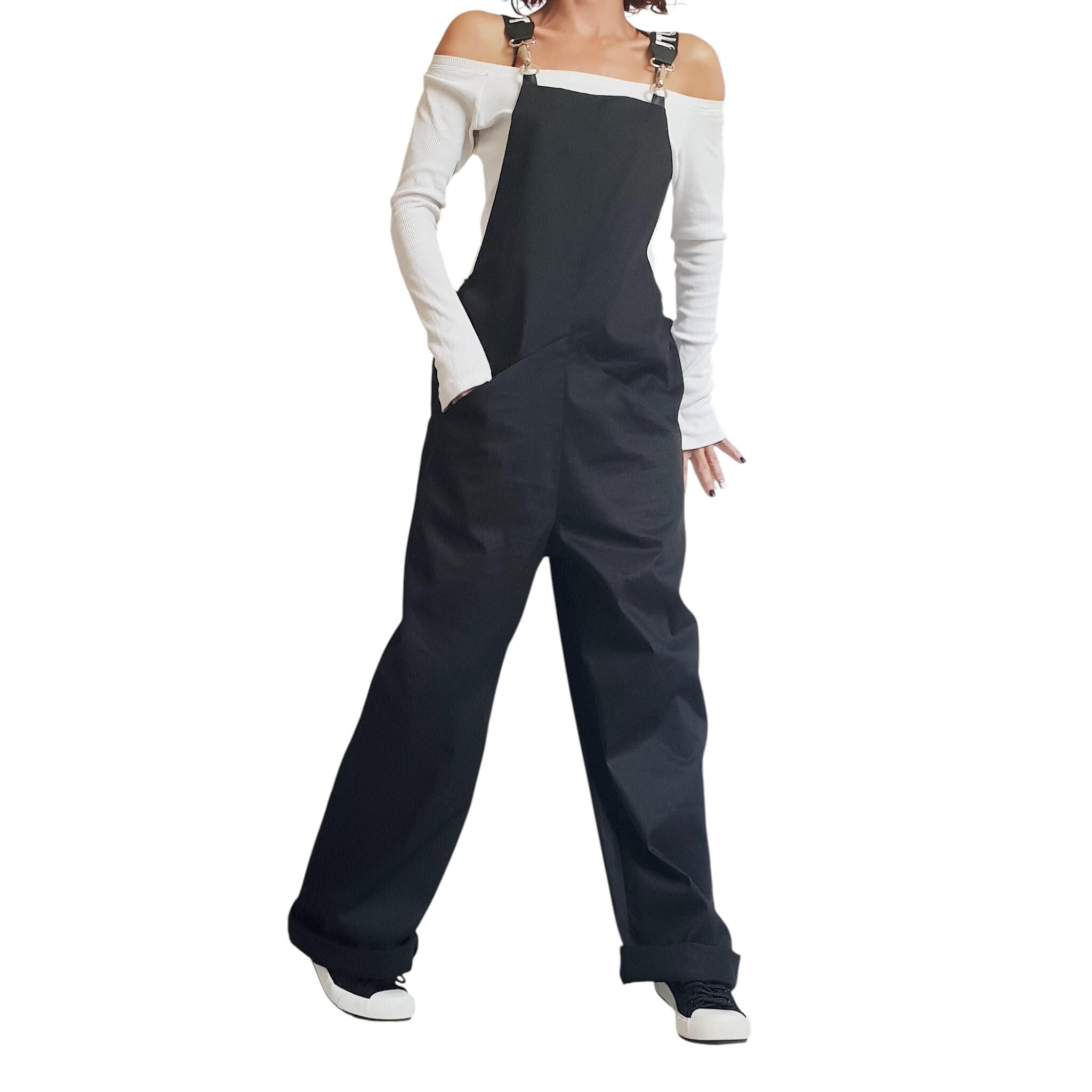 Black Wide Leg Overalls, Unisex Cotton Jumpsuit, Avant Garde Loose Fit Pants, Streetwear Dungarees, Handmade