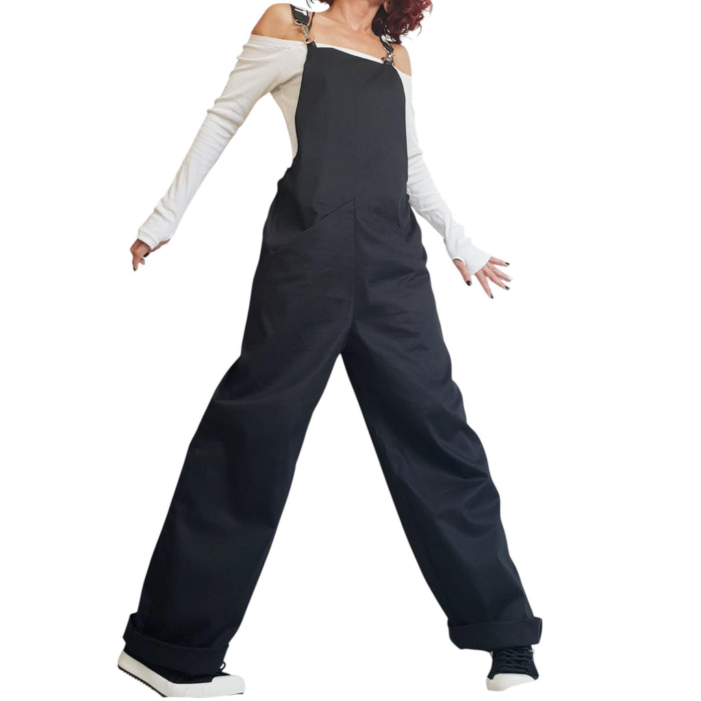 Black Wide Leg Overalls, Unisex Cotton Jumpsuit, Avant Garde Loose Fit Pants, Streetwear Dungarees, Handmade
