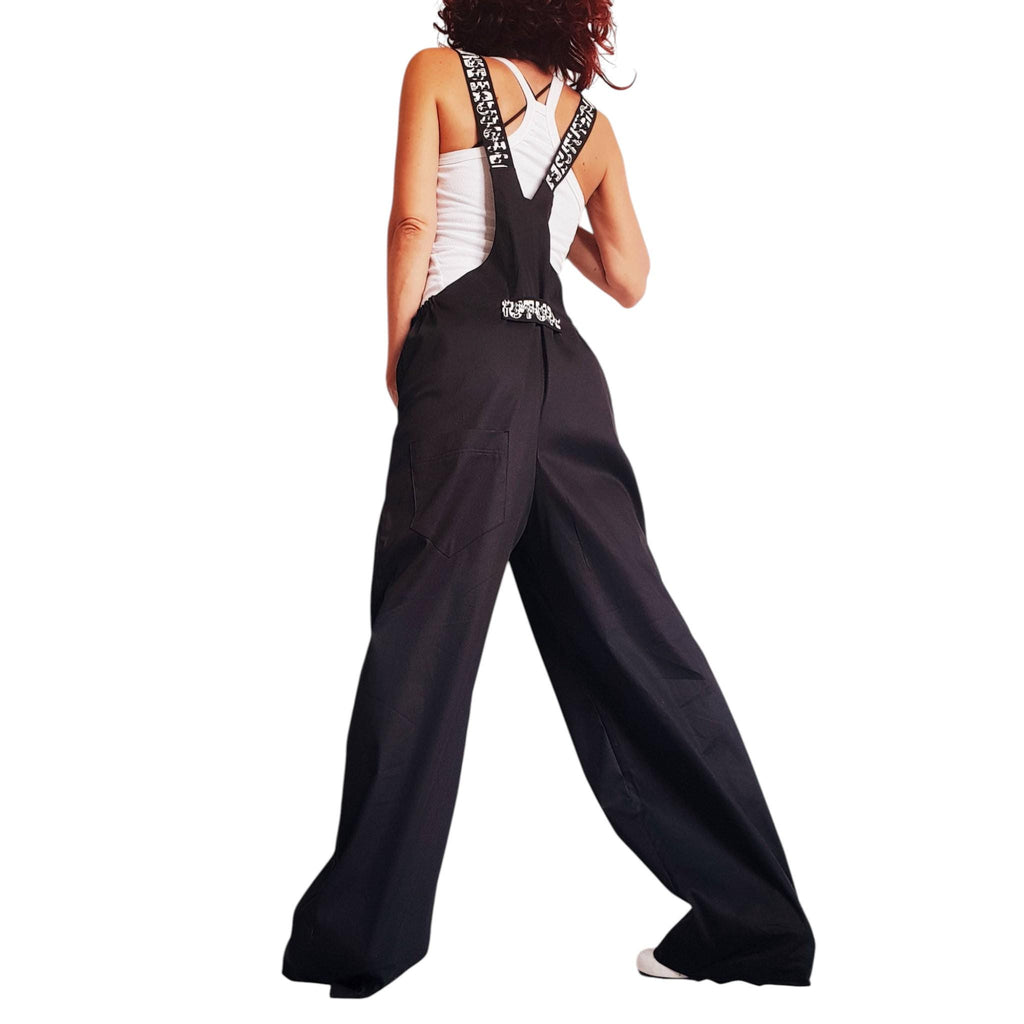 Black Wide Leg Overalls, Unisex Cotton Jumpsuit, Avant Garde Loose Fit Pants, Streetwear Dungarees, Handmade