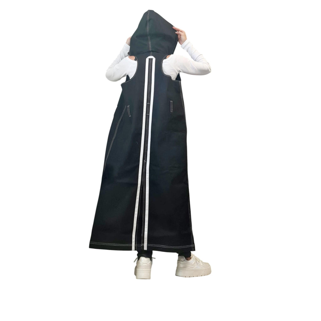 Avant-Garde Denim Trenchcoat Set, Two-Piece Hooded Vest and Cropped Jacket, Black Layered Streetwear, Unisex Statement Outerwear