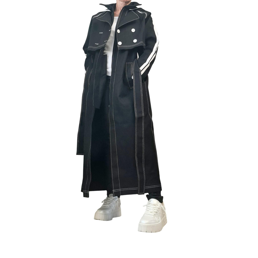 Avant-Garde Denim Trenchcoat Set, Two-Piece Hooded Vest and Cropped Jacket, Black Layered Streetwear, Unisex Statement Outerwear