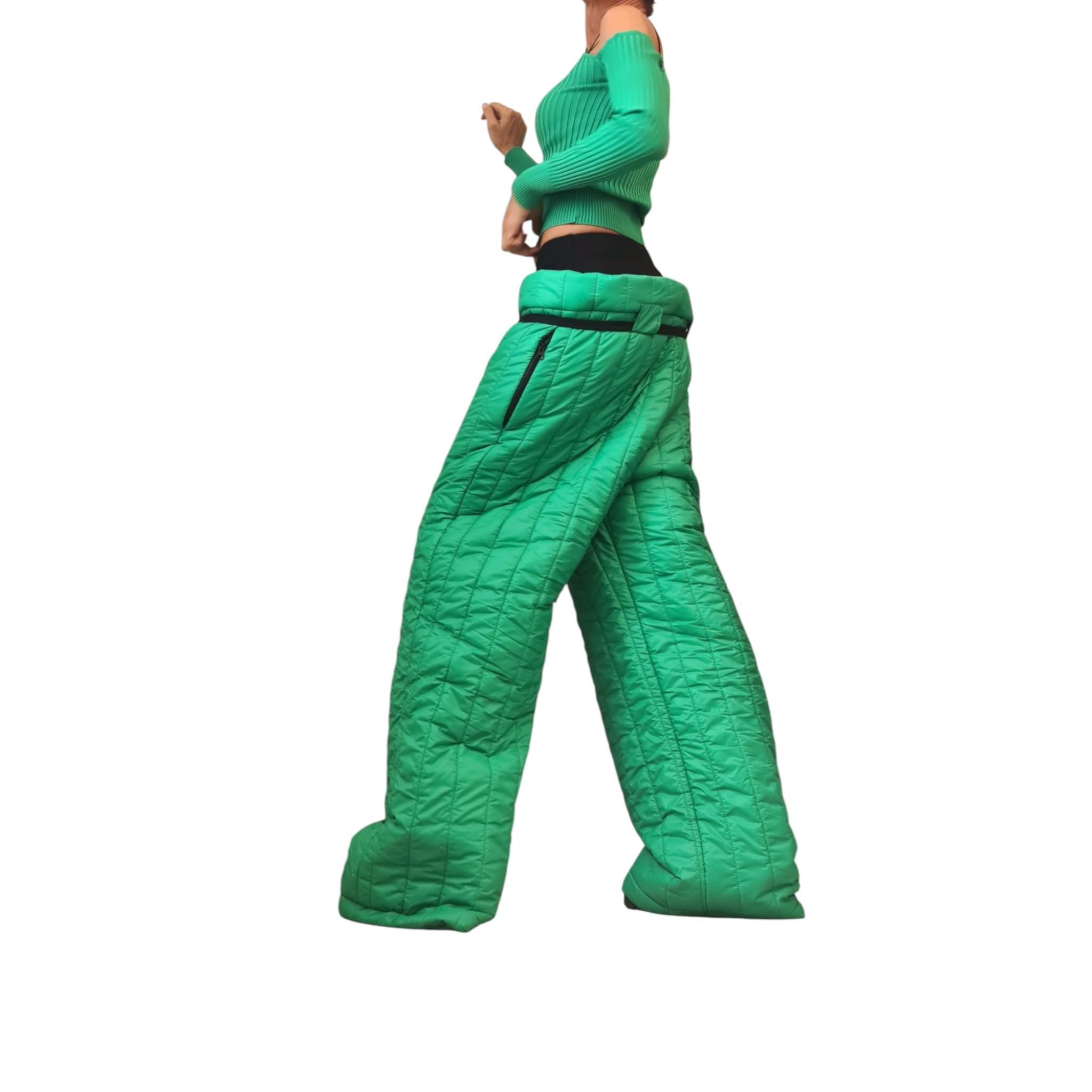 Green Quilted Wide Leg Pants – Avant-Garde Winter Trousers, Padded High Waist Pants, Gender Neutral Streetwear