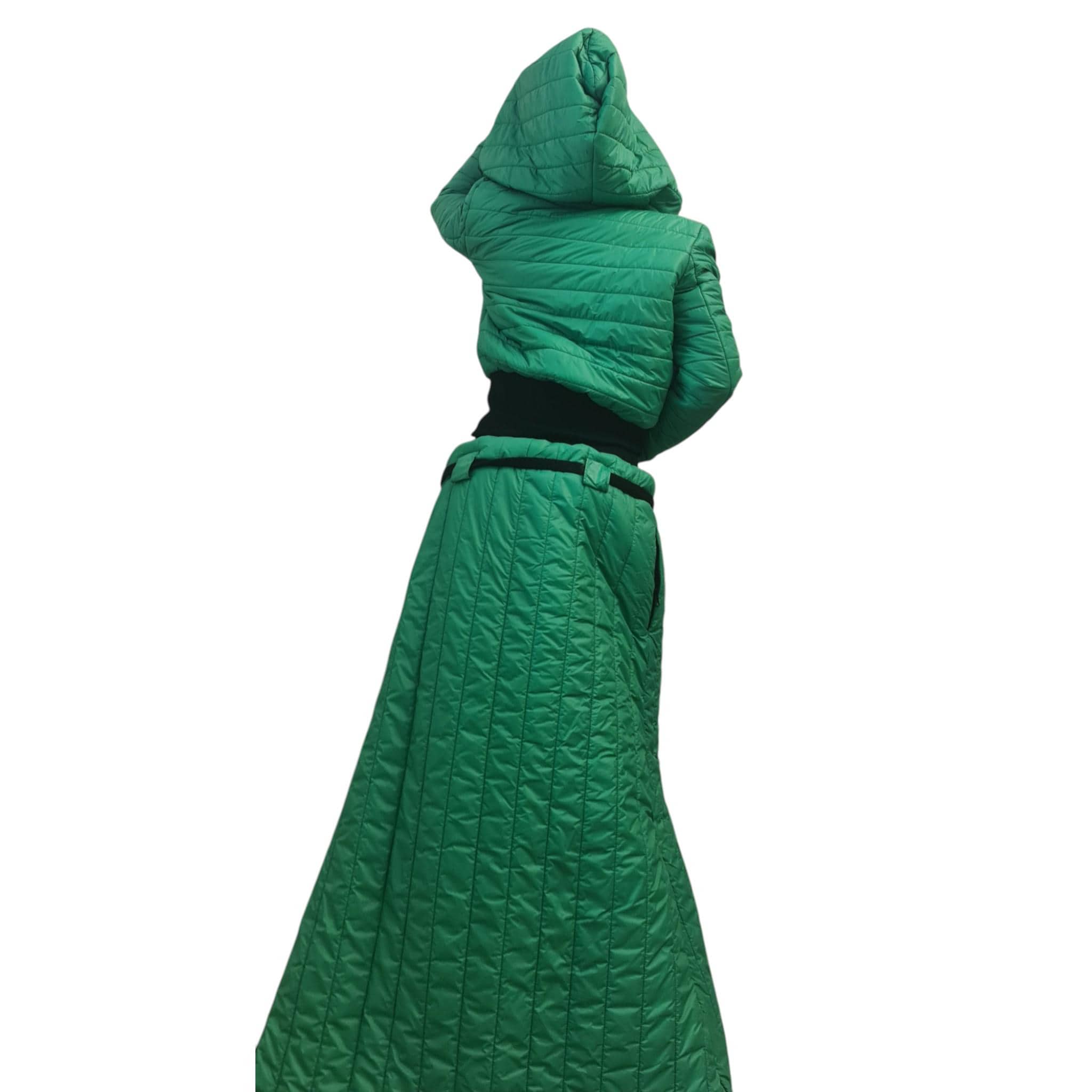 Green Quilted Winter Coat and Skirt Set, Hooded Puffer Jacket with Maxi Skirt, Avant Garde Two Piece Outfit, Extravagant Winter Clothing