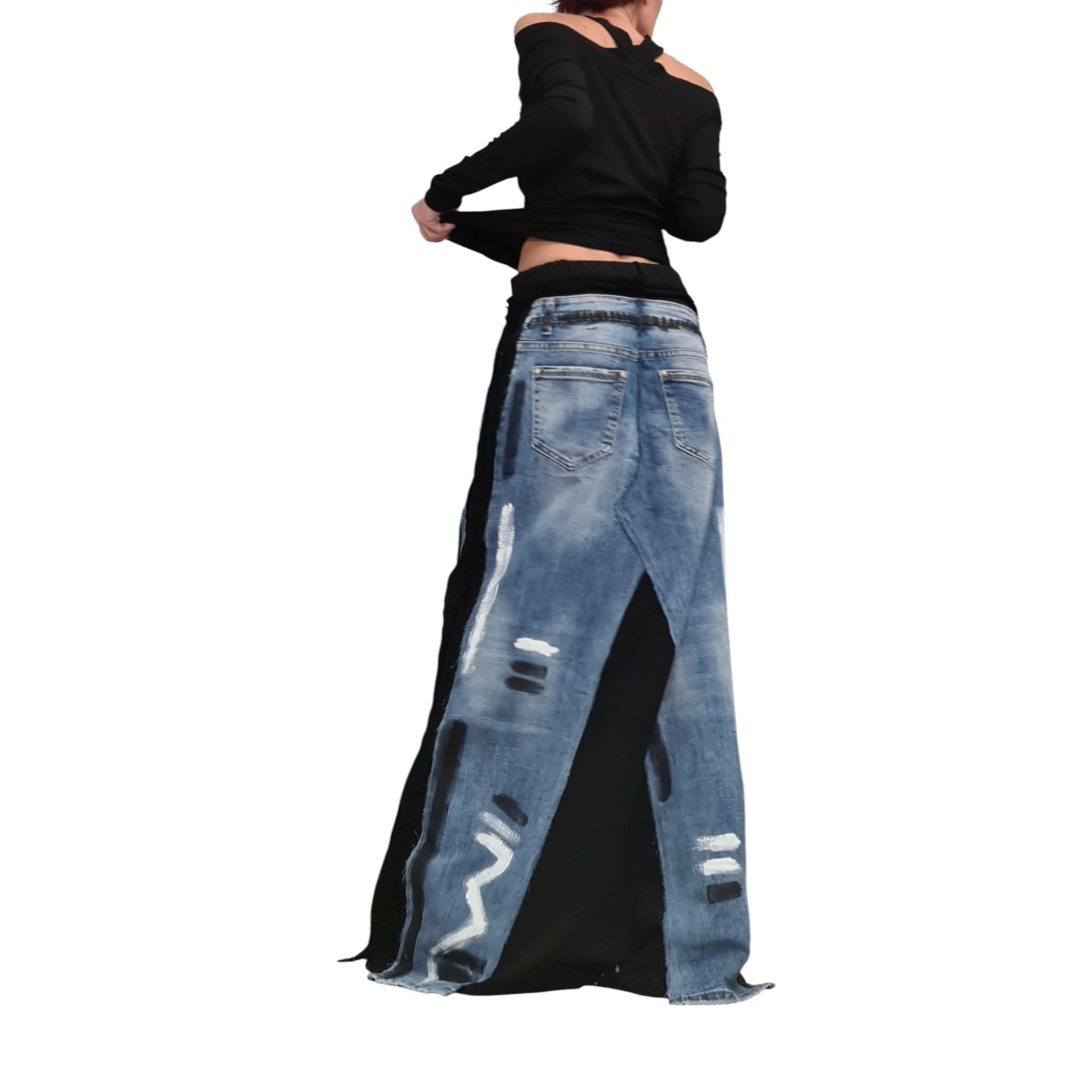 Deconstructed Avant-Garde Maxi Skirt, Cotton Denim Skirt with Pockets, Artistic Long A-Line Skirt, Outside Seam