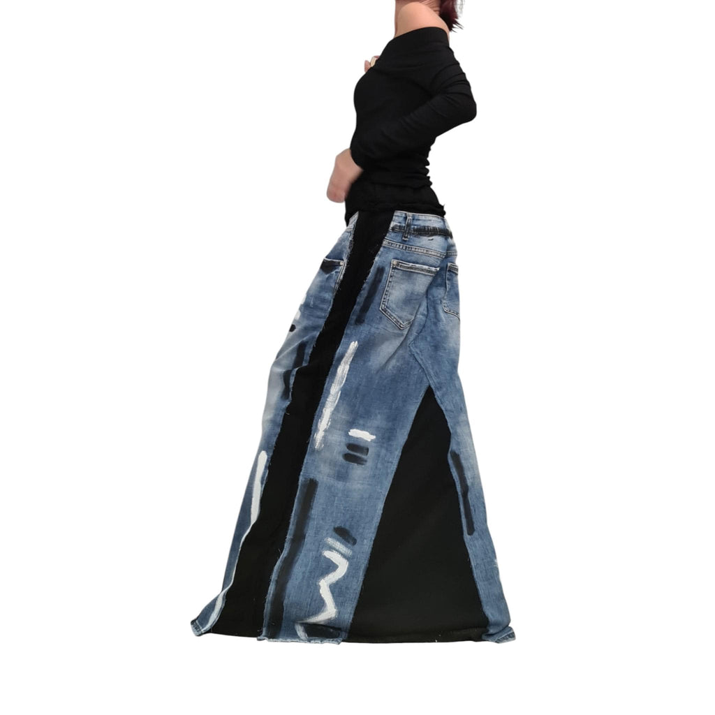 Deconstructed Avant-Garde Maxi Skirt, Cotton Denim Skirt with Pockets, Artistic Long A-Line Skirt, Outside Seam