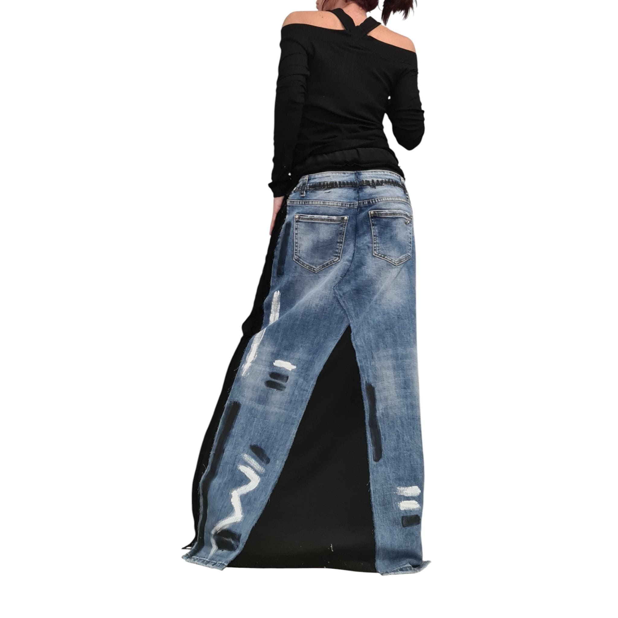Deconstructed Avant-Garde Maxi Skirt, Cotton Denim Skirt with Pockets, Artistic Long A-Line Skirt, Outside Seam