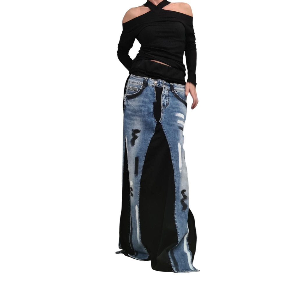 Deconstructed Avant-Garde Maxi Skirt, Cotton Denim Skirt with Pockets, Artistic Long A-Line Skirt, Outside Seam