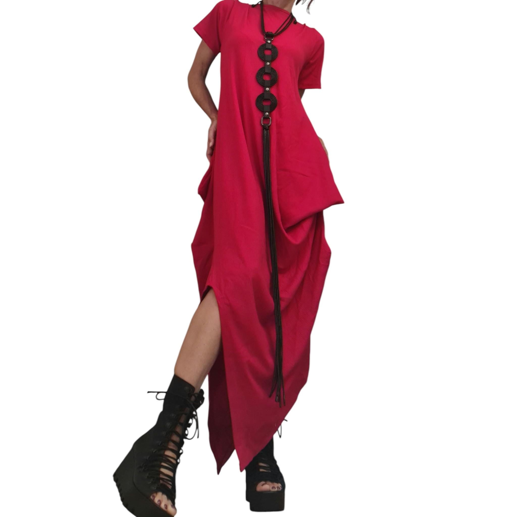 Asymmetric Red Cotton Maxi Dress – Avant-Garde Loose Fit – Artistic Summer Dress with Short Sleeves – Handmade Plus Size Clothing