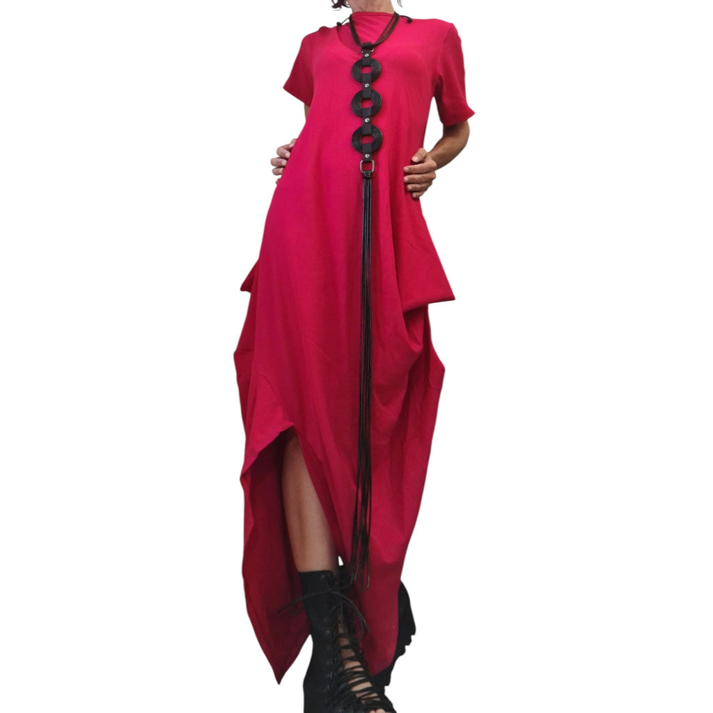 Asymmetric Red Cotton Maxi Dress – Avant-Garde Loose Fit – Artistic Summer Dress with Short Sleeves – Handmade Plus Size Clothing