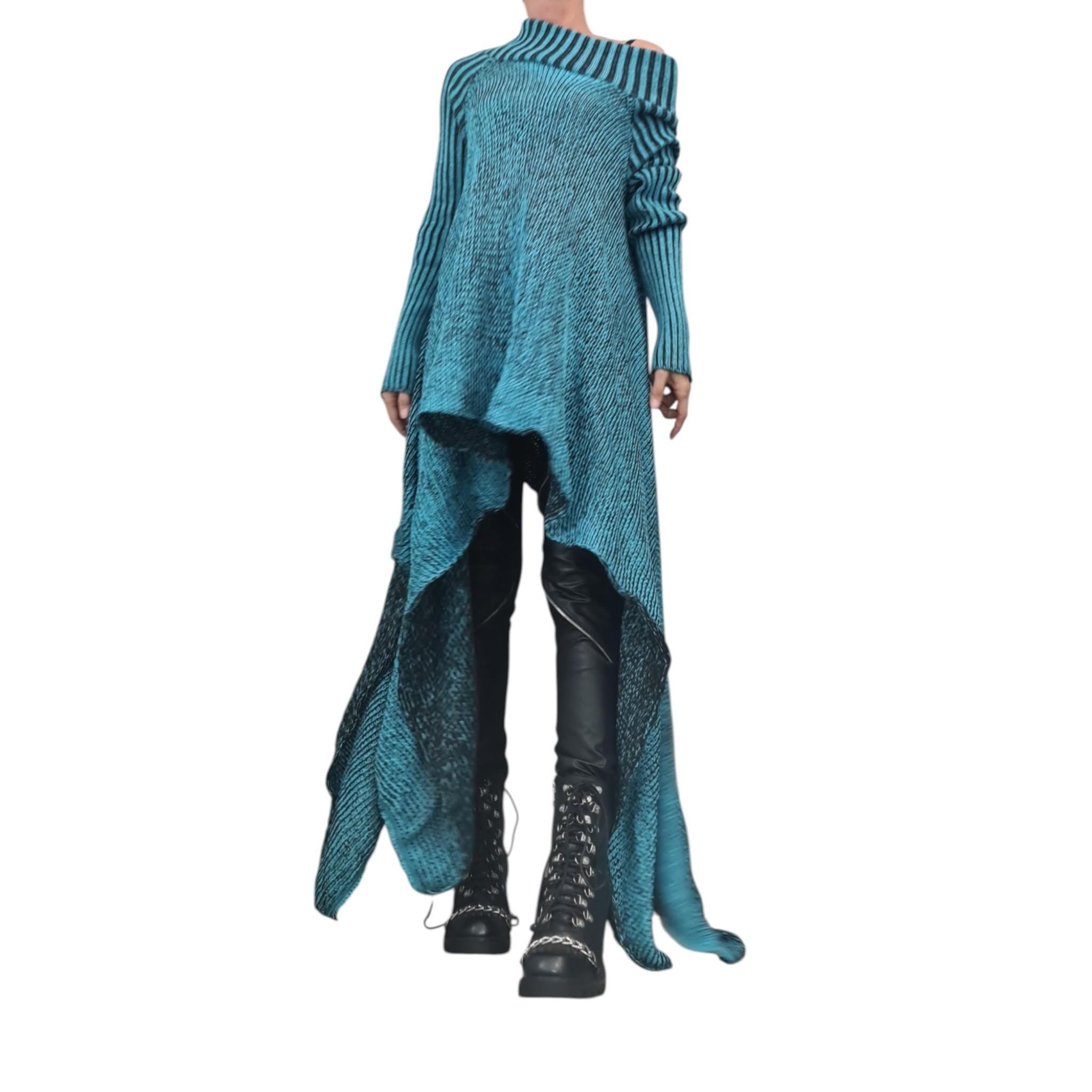 Avant Garde Turquoise Knit Blouse – Open Shoulder Asymmetrical Long Sleeve Top – Sexy Plus Size Fashion – Handmade Unique Women’s Top