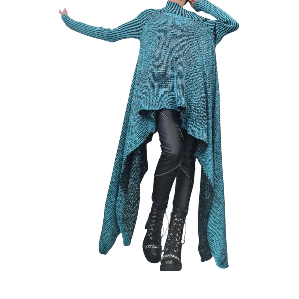 Avant Garde Turquoise Knit Blouse – Open Shoulder Asymmetrical Long Sleeve Top – Sexy Plus Size Fashion – Handmade Unique Women’s Top