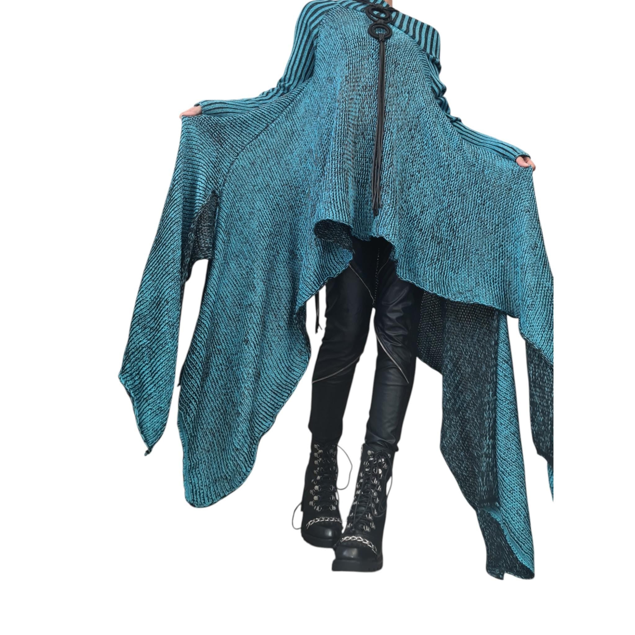 Avant Garde Turquoise Knit Blouse – Open Shoulder Asymmetrical Long Sleeve Top – Sexy Plus Size Fashion – Handmade Unique Women’s Top