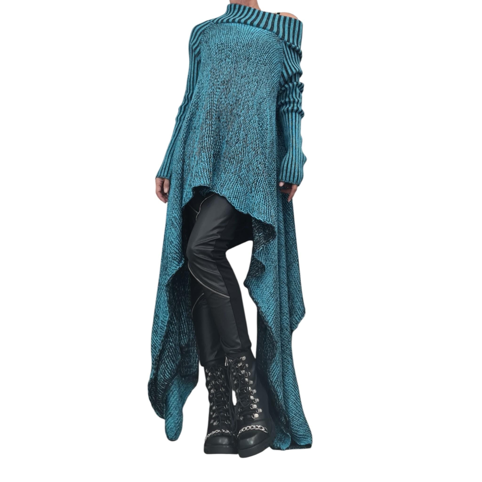 Avant Garde Turquoise Knit Blouse – Open Shoulder Asymmetrical Long Sleeve Top – Sexy Plus Size Fashion – Handmade Unique Women’s Top