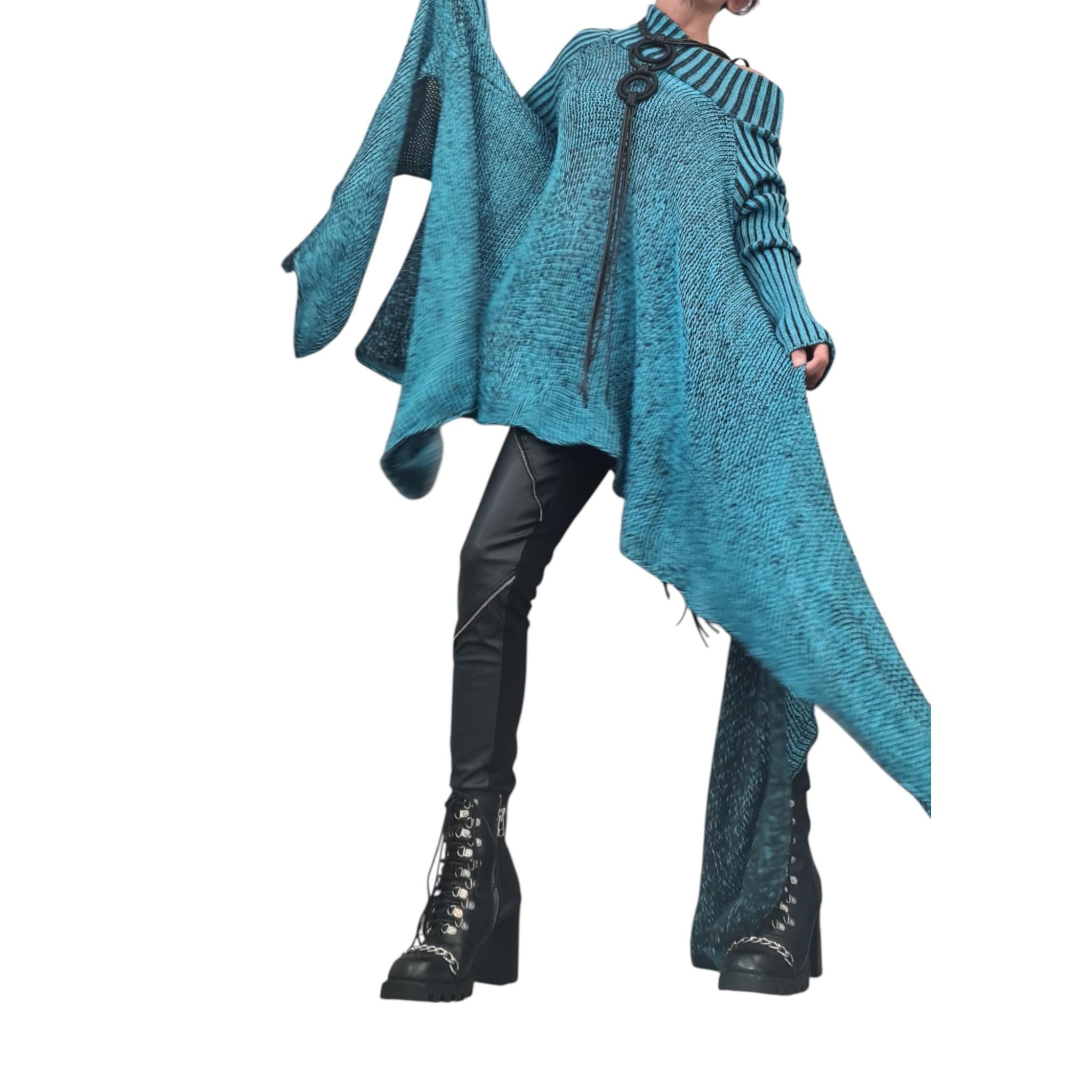 Avant Garde Turquoise Knit Blouse – Open Shoulder Asymmetrical Long Sleeve Top – Sexy Plus Size Fashion – Handmade Unique Women’s Top