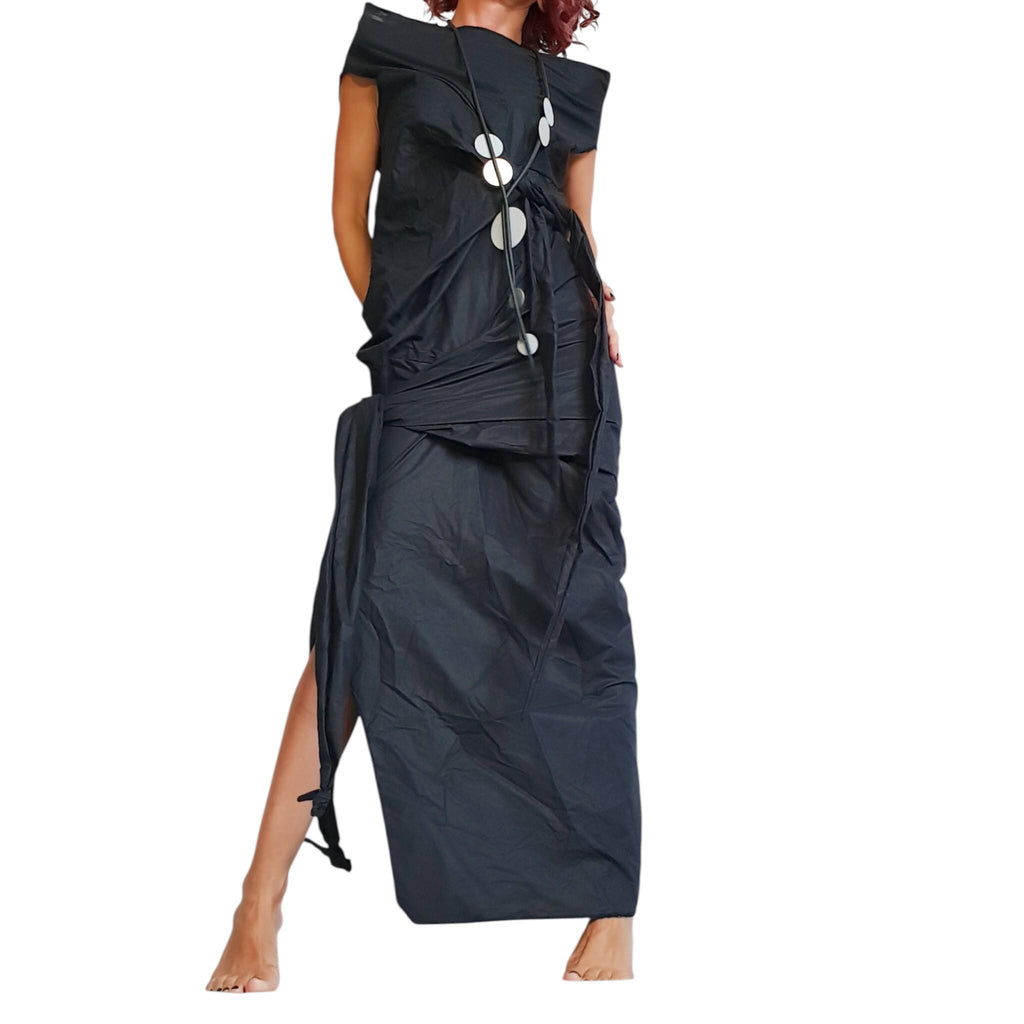 Black Avant-Garde Maxi Dress – Asymmetric Sculptural Gown with Side Slit – Artistic Minimalist Fashion