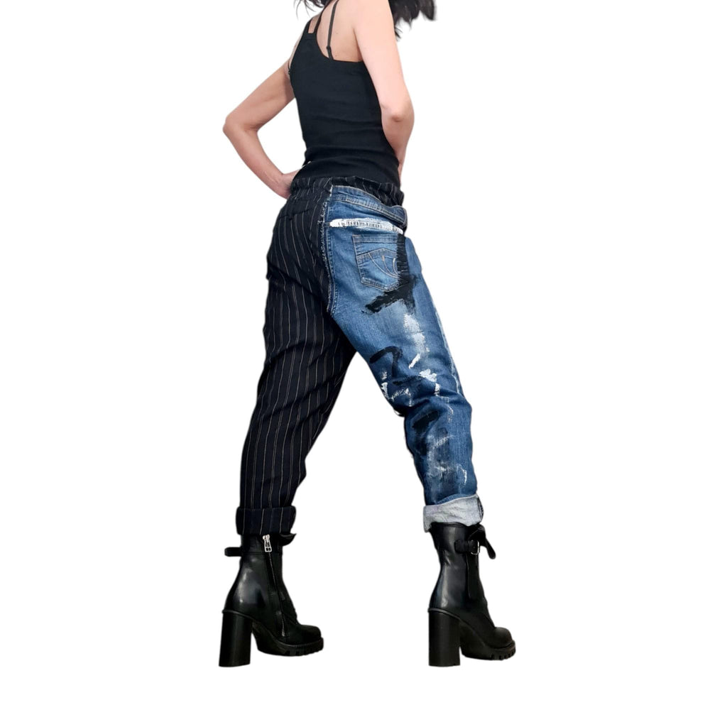Extravagant Denim Pants, Asymmetric Denim Harem Pants, Painted Streetwear Pants, Deconstructed Denim, Women Denim Harem