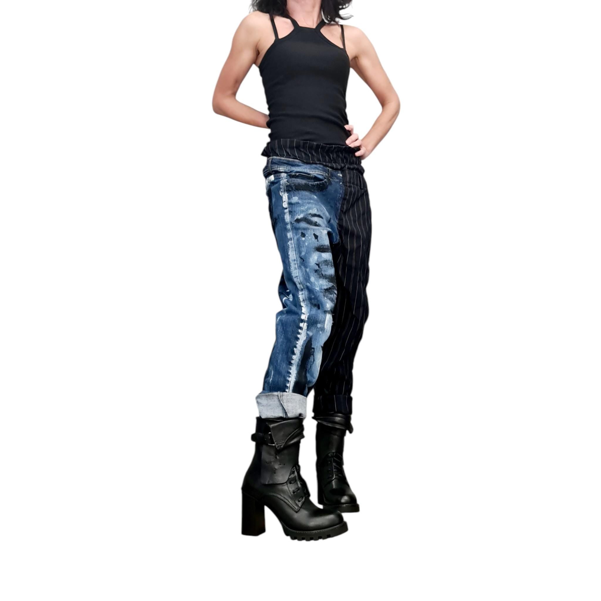 Extravagant Denim Pants, Asymmetric Denim Harem Pants, Painted Streetwear Pants, Deconstructed Denim, Women Denim Harem