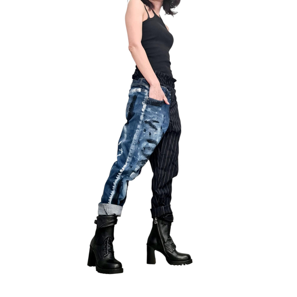 Extravagant Denim Pants, Asymmetric Denim Harem Pants, Painted Streetwear Pants, Deconstructed Denim, Women Denim Harem