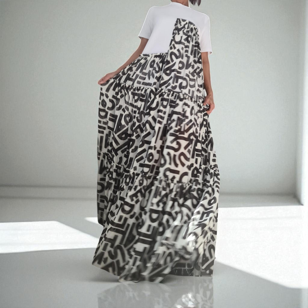 Black and White Graphic Maxi Dress, Oversized Summer Dress, Artistic Tiered Dress, Avant Garde T-shirt Dress, Handmade Statement Clothing